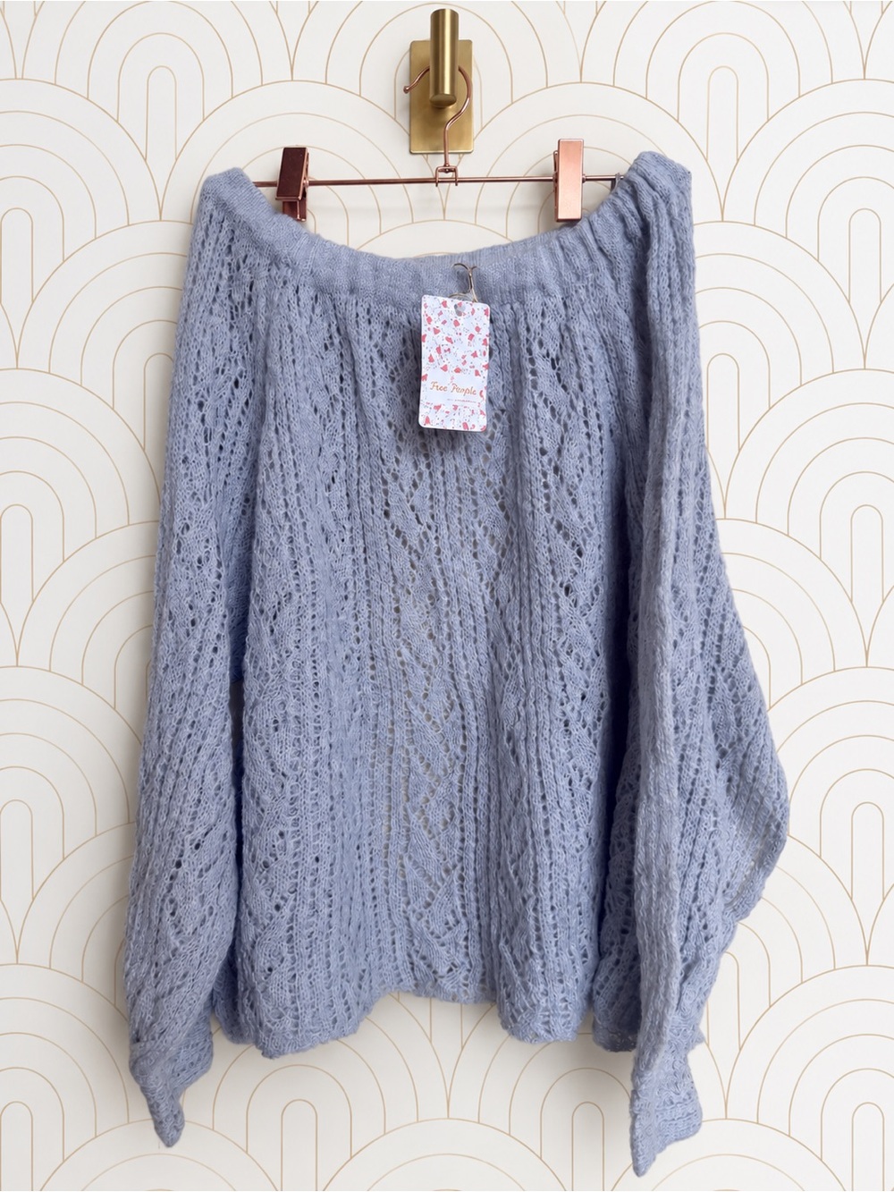Free People Pale Blueish-Lavender Openwork Wide Neck or Off-the-Shoulder Sweater